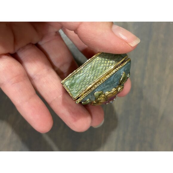 Vintage Monet Metal Enamel Heart Trinket Box Blue Green Flower Rhinestones - Picture 4 of 6